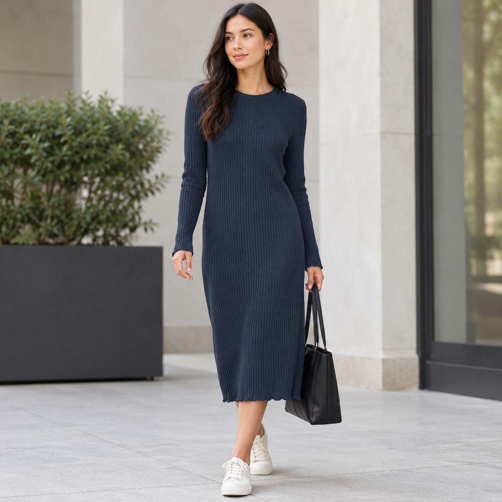 Eileen Fisher Sz M Navy Blue Textured Stretch Rib Crew Neck Dress MSRP $127